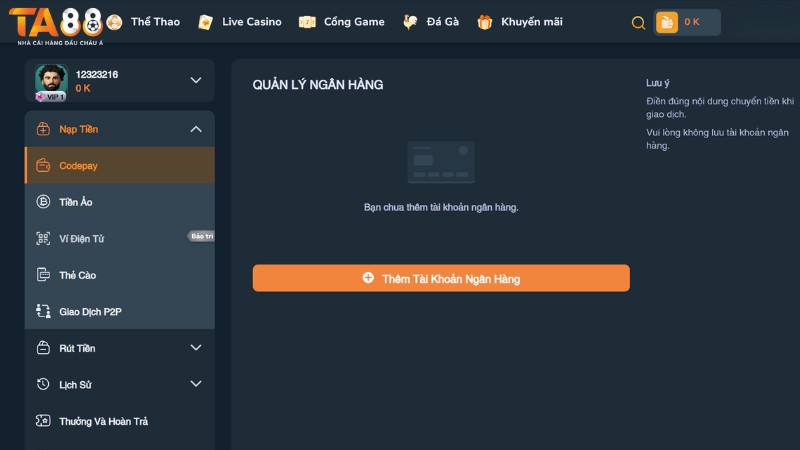 TA88 hiện đang hỗ trợ hình thức nạp tiền nào?